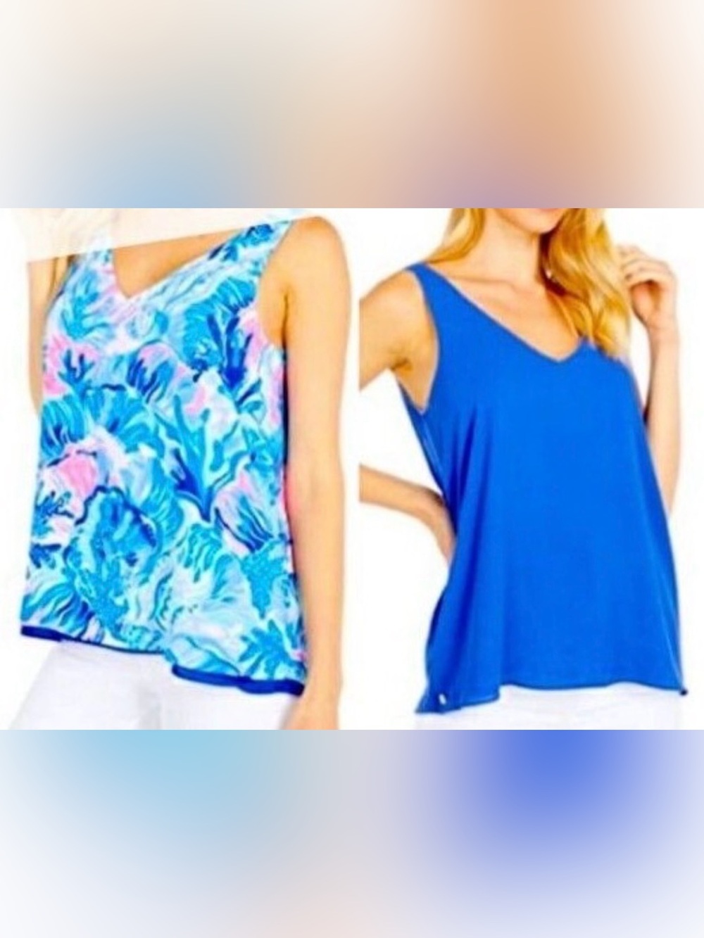Lilly Pulitzer Blue Floral with reversible Solid Blue V-Neck Tank Tops